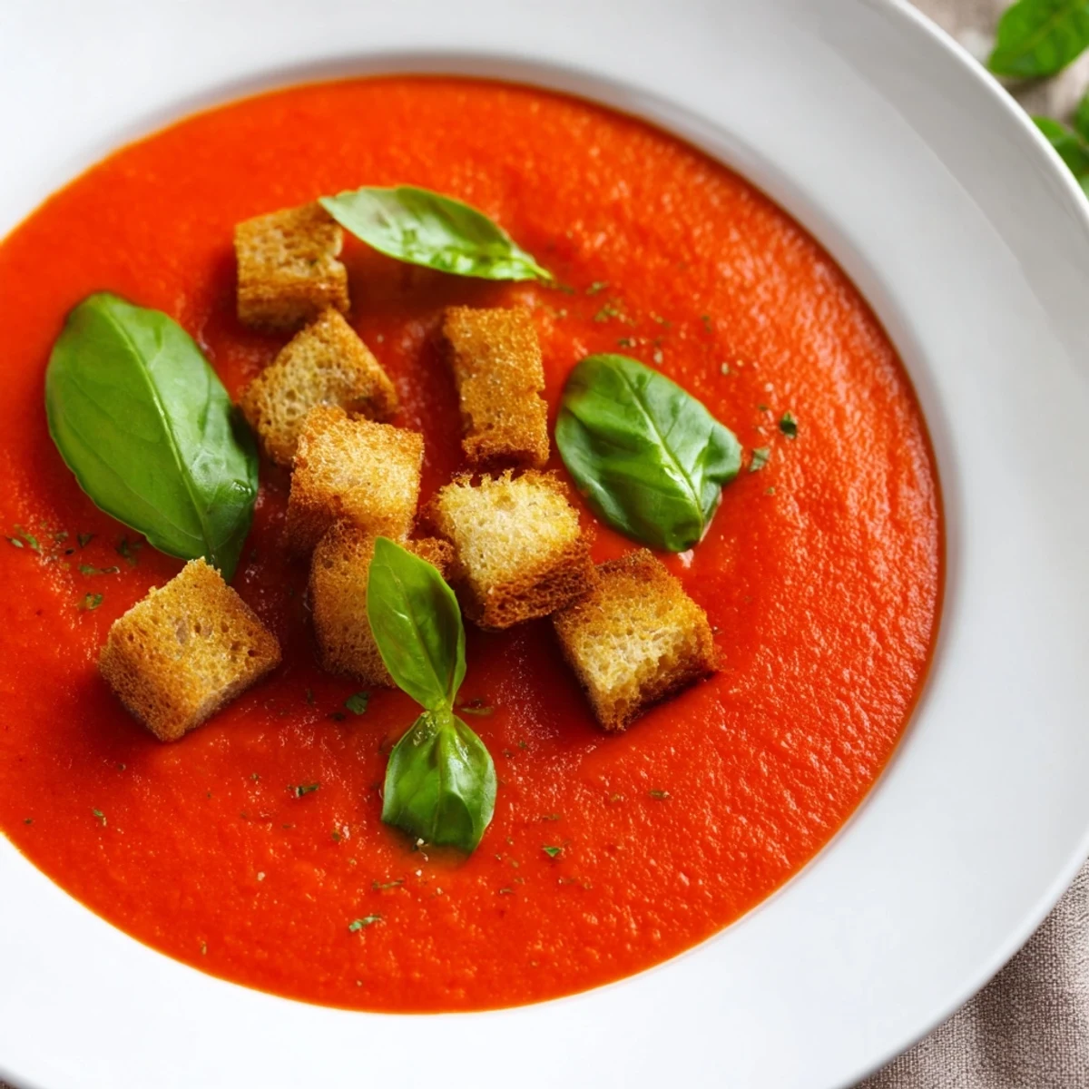 A bowl of Creamy Tomato and Basil Soup with Garlic Croutons garnished with fresh basil leaves and a drizzle of olive oil.