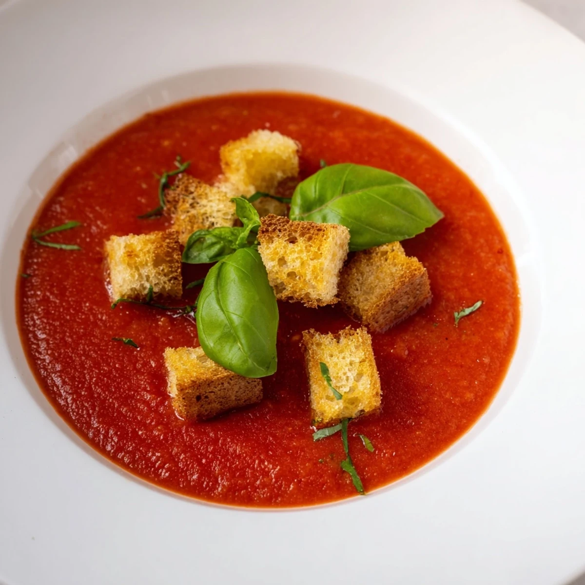 Close-up of Creamy Tomato and Basil Soup with Garlic Croutons showing golden, crispy croutons floating on the velvety soup.