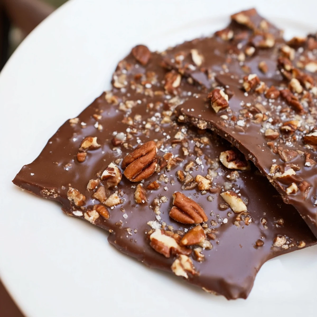 Festive Chocolate Covered Matzo Crackers arranged on a wooden board with toasted almonds and flaky sea salt.  