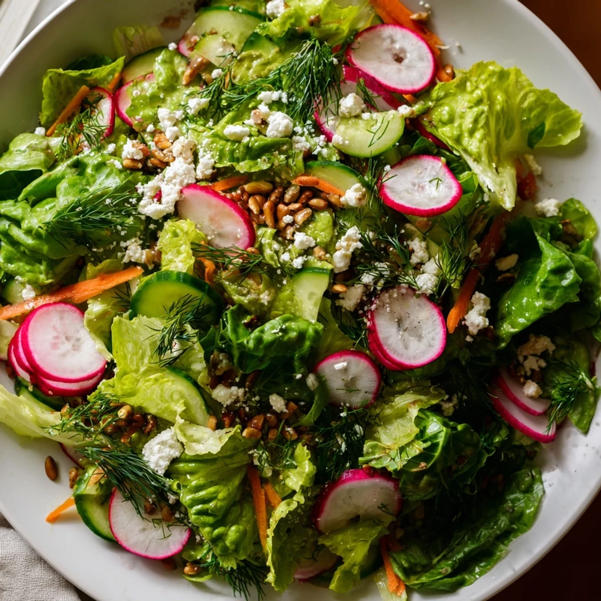 Serving Spring Garden Salad with Radishes and Cucumber on a chilled platter with feta crumbles and toasted sunflower seeds.
