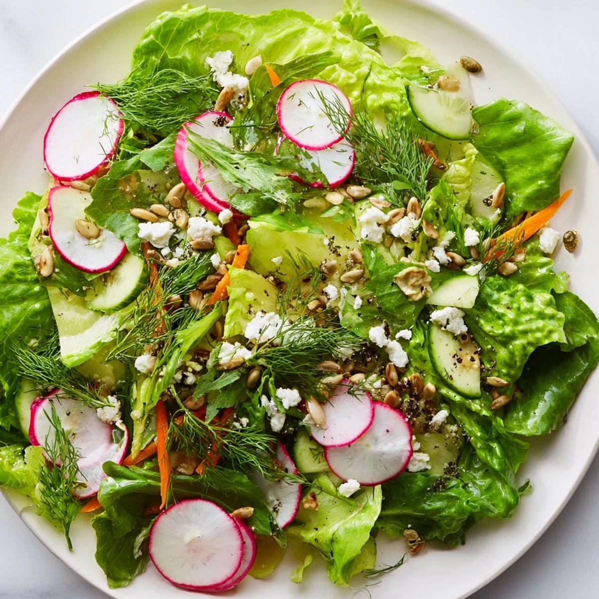 A vibrant Spring Garden Salad with Radishes and Cucumber showcases crisp greens, ruby-red slices, and a light lemon-herb vinaigrette.