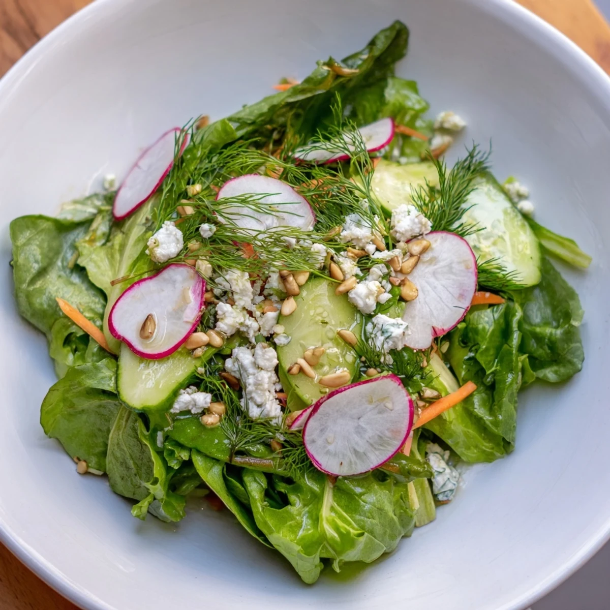 Fresh Spring Garden Salad with Radishes and Cucumber features crunchy vegetables tossed in tangy dressing, perfect for a sunny lunch.