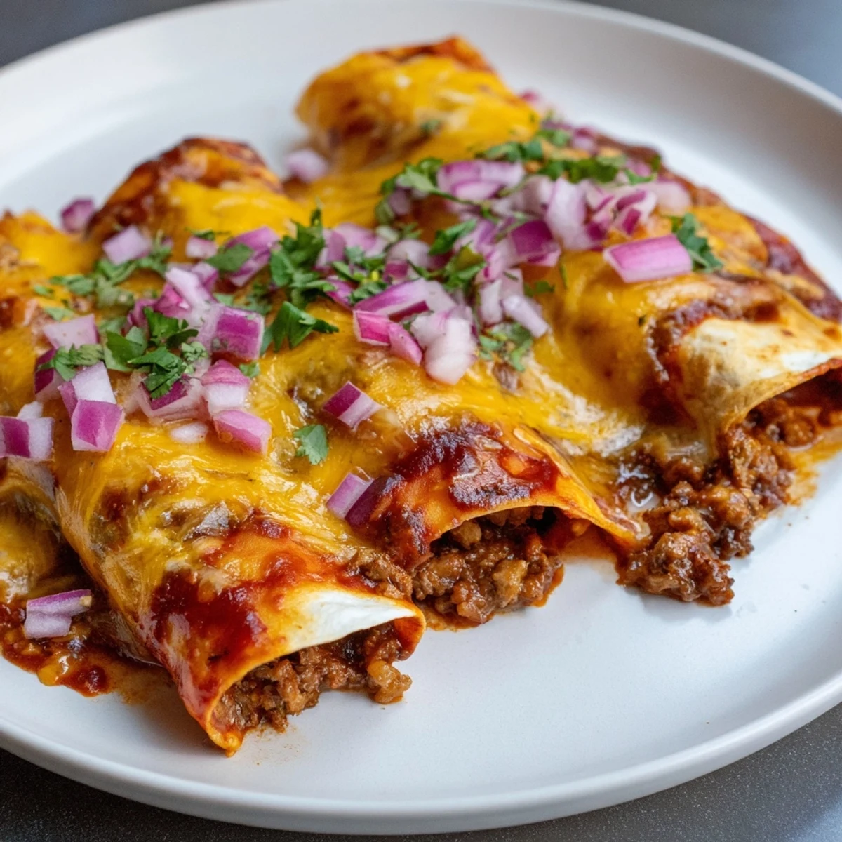 Golden-brown Beef Enchiladas with Homemade Red Sauce bake bubbling with melted cheese in a casserole dish.