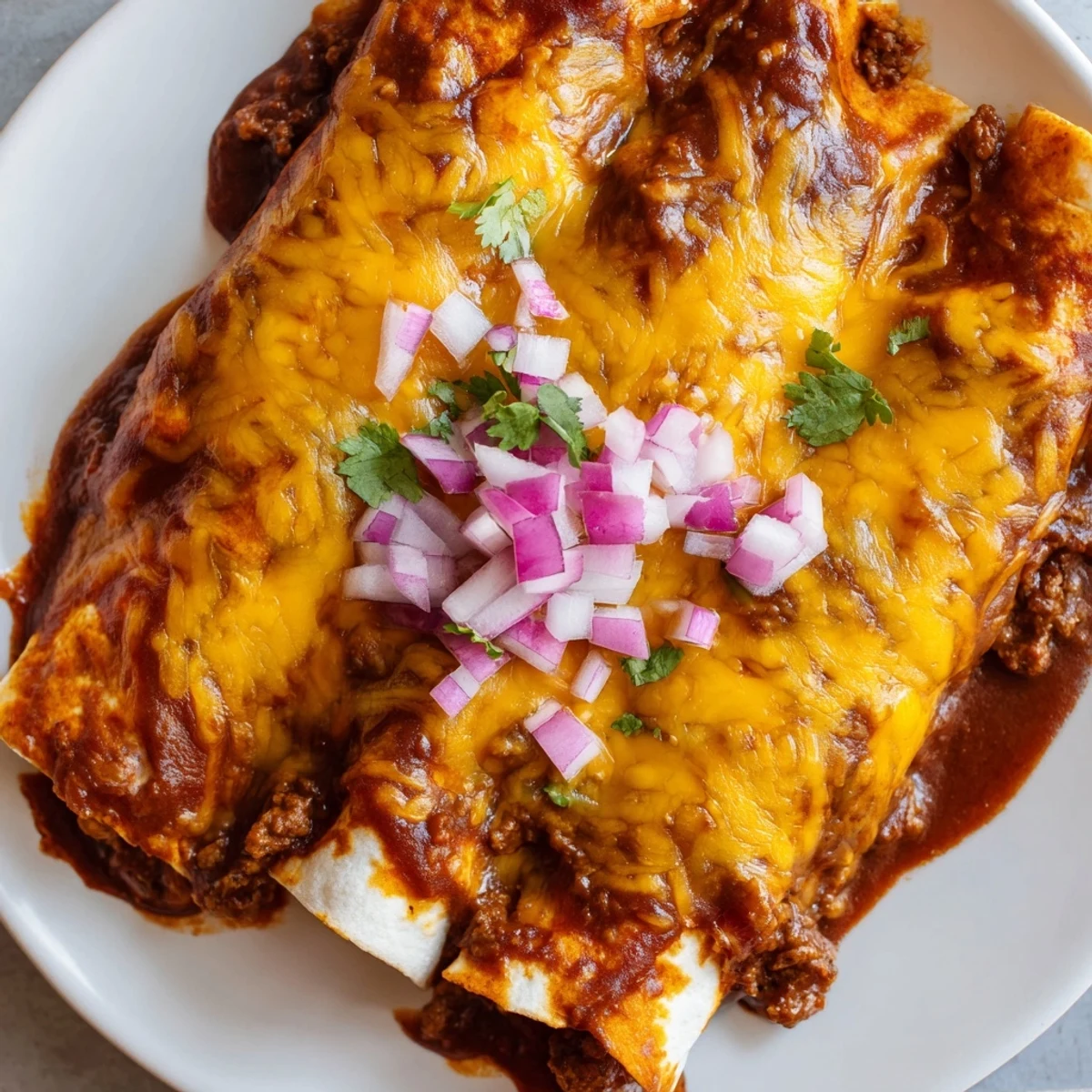 Rolled Beef Enchiladas with Homemade Red Sauce garnished with fresh cilantro and red onion on a plate.