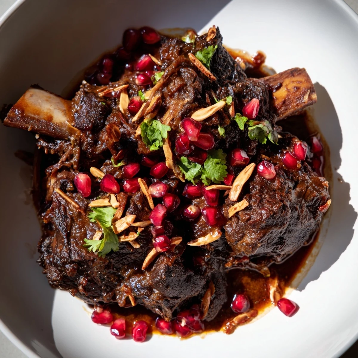 A close-up shows braised lamb shoulder with pomegranate garnished with herbs and almonds, served with saffron rice.