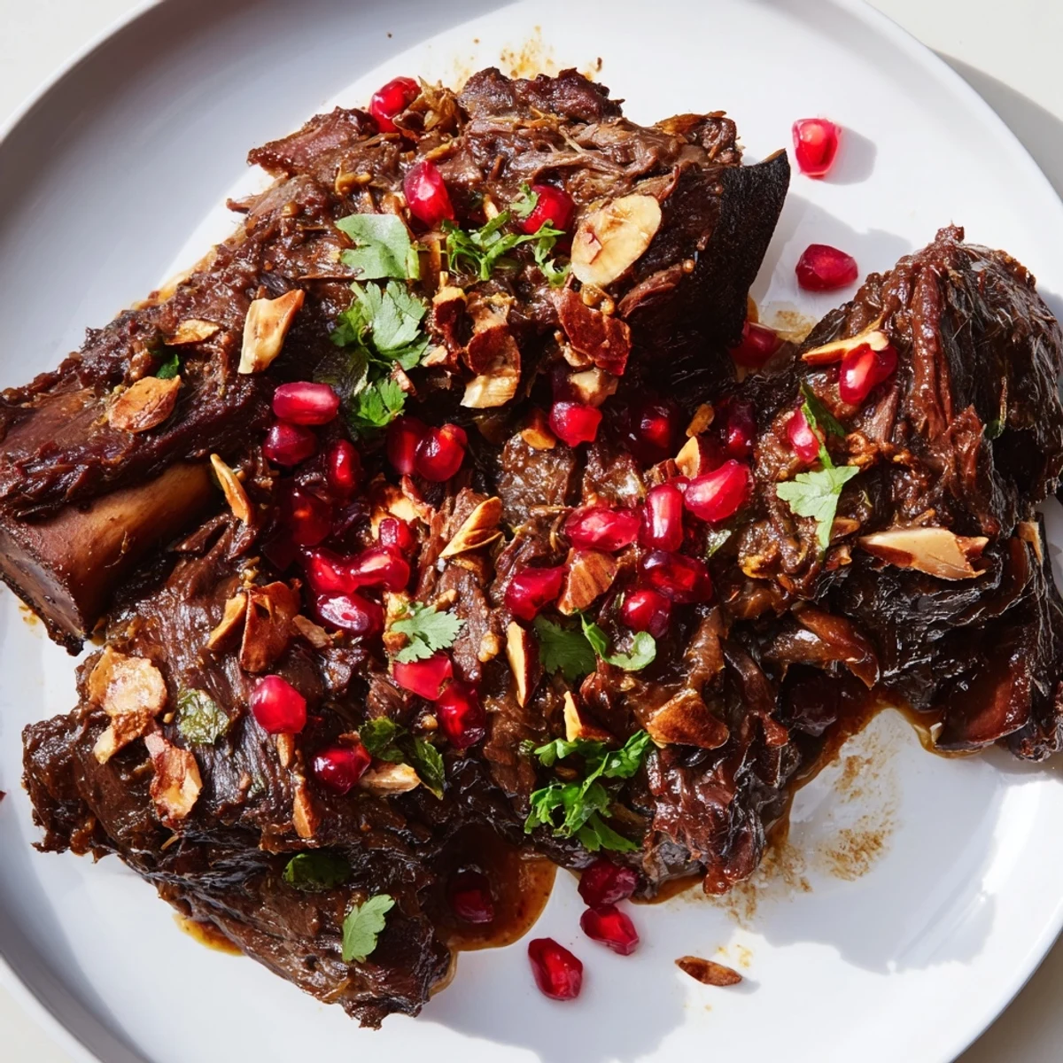 Tender braised lamb shoulder with pomegranate glistens with a rich, sweet-tart sauce and fresh pomegranate seeds.