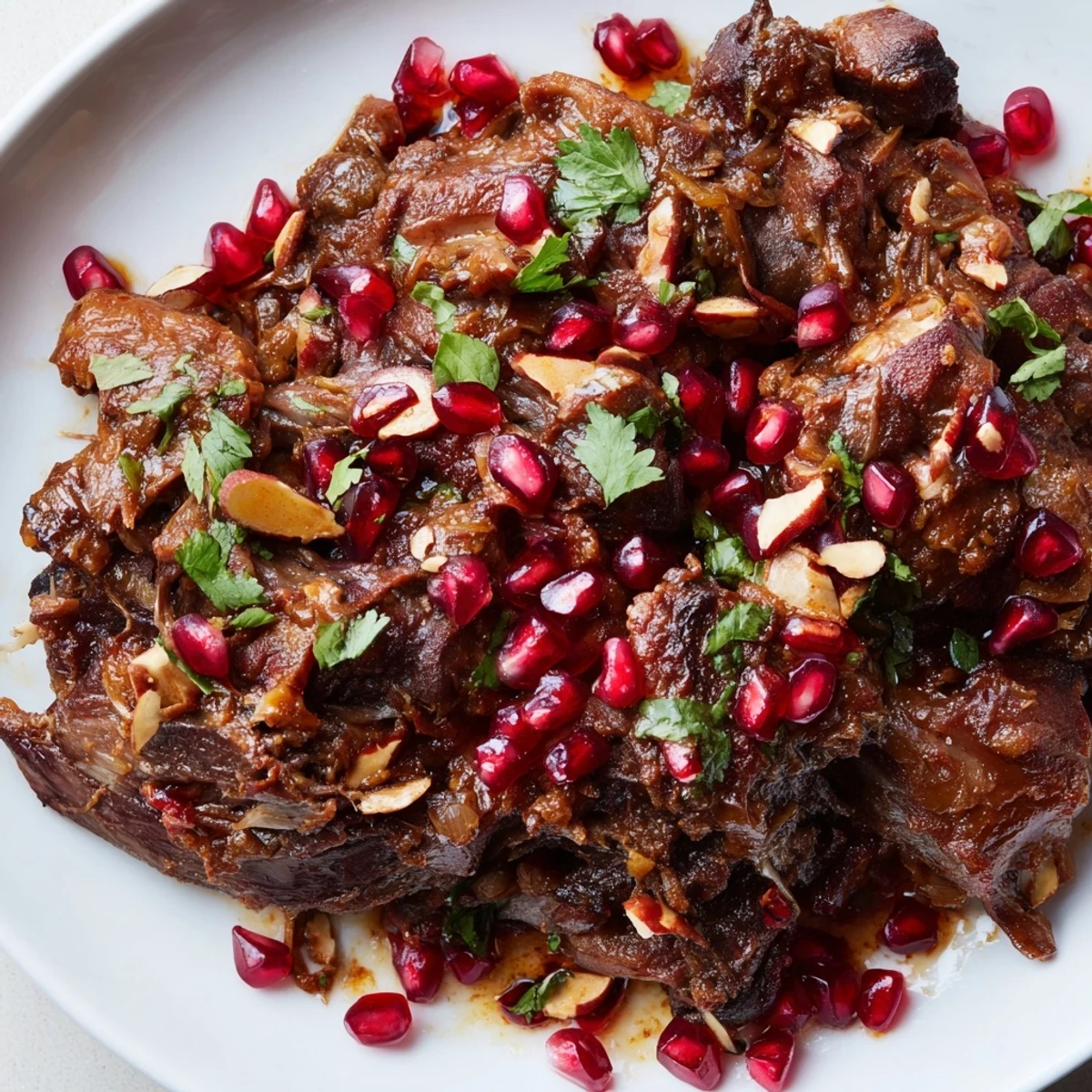 Succulent braised lamb shoulder with pomegranate rests in a Dutch oven, surrounded by caramelized onions and spices.