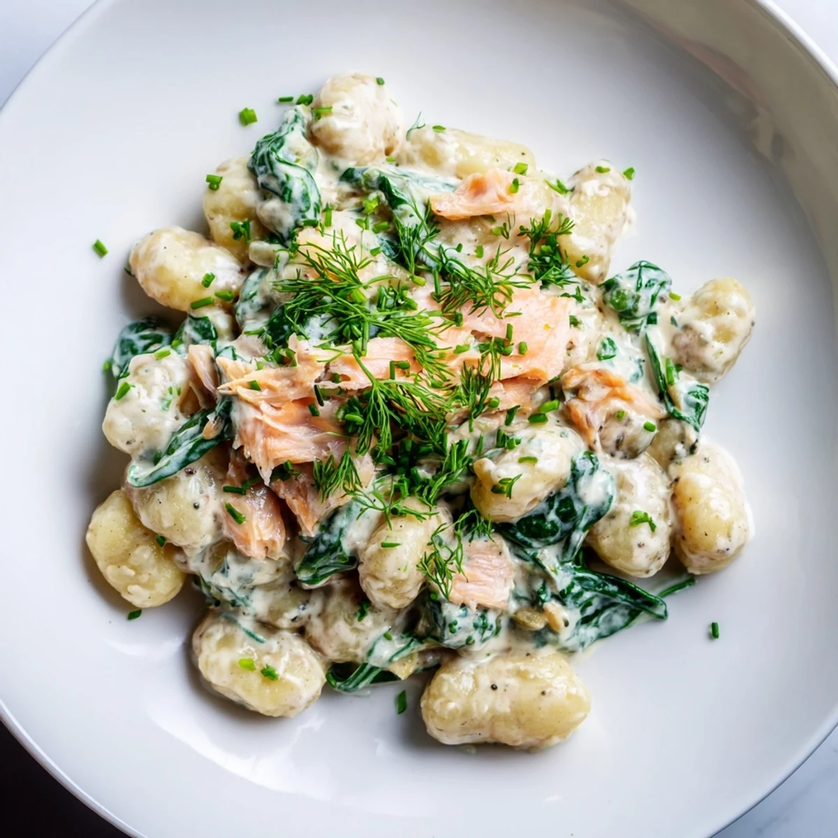 A vibrant plate of Healthy Smoked Salmon Gnocchi garnished with fresh dill, chives, and lemon wedges.
