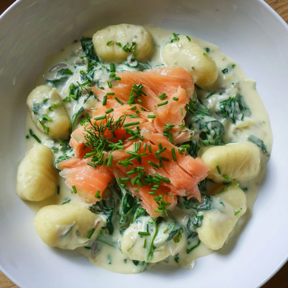 Close-up of Healthy Smoked Salmon Gnocchi featuring whole wheat gnocchi and fresh spinach in a light sauce.