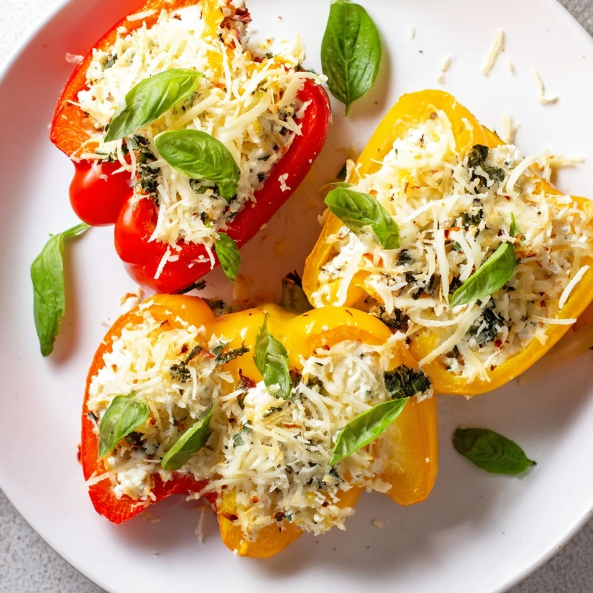 A close-up of one Ricotta Stuffed Pepper half revealing the creamy filling garnished with fresh basil.