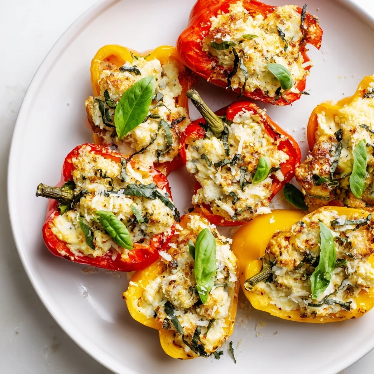 Golden baked Ricotta Stuffed Peppers glistening with olive oil and melted cheese on a white plate.