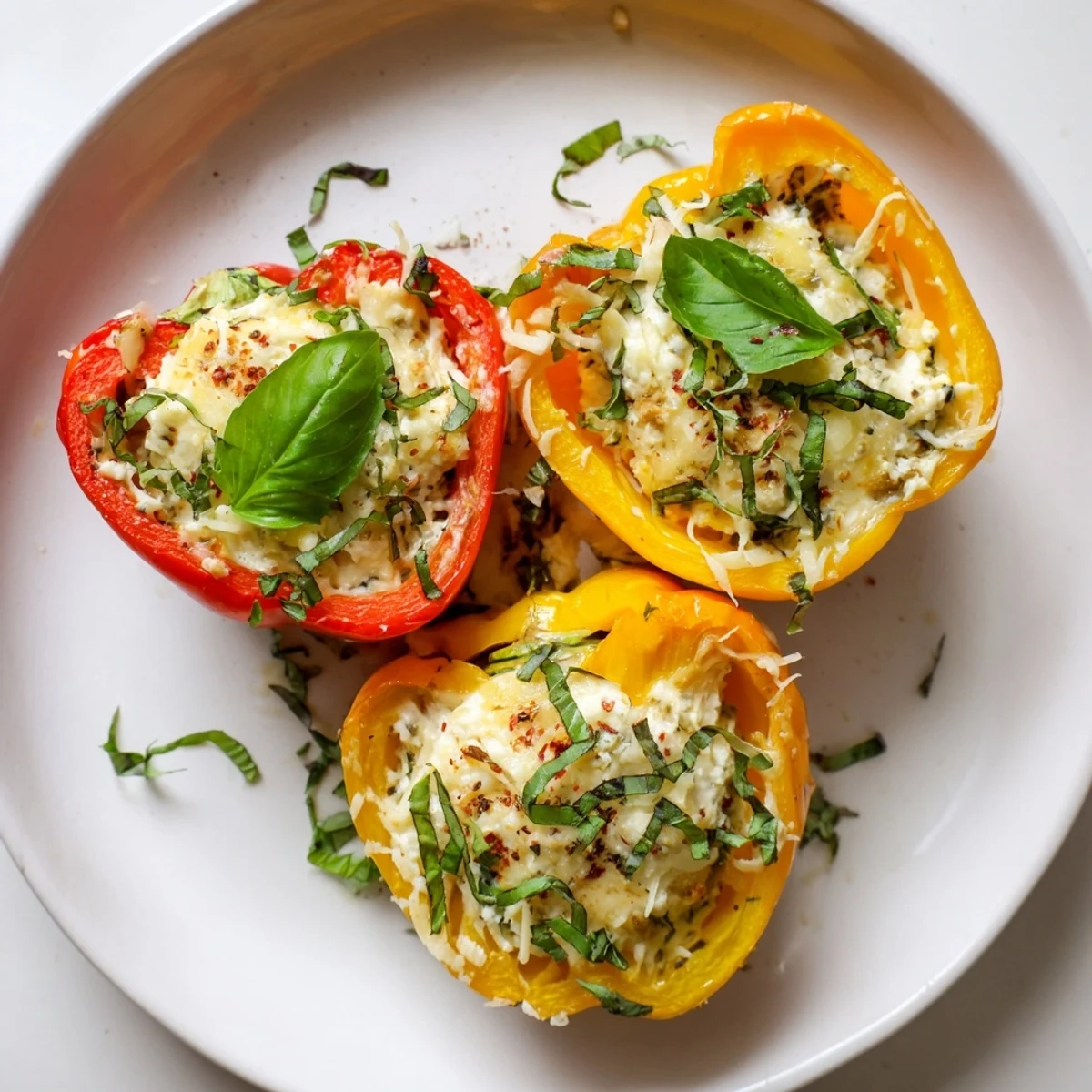 Freshly roasted Ricotta Stuffed Peppers served warm from the oven with a sprinkle of Parmesan.
