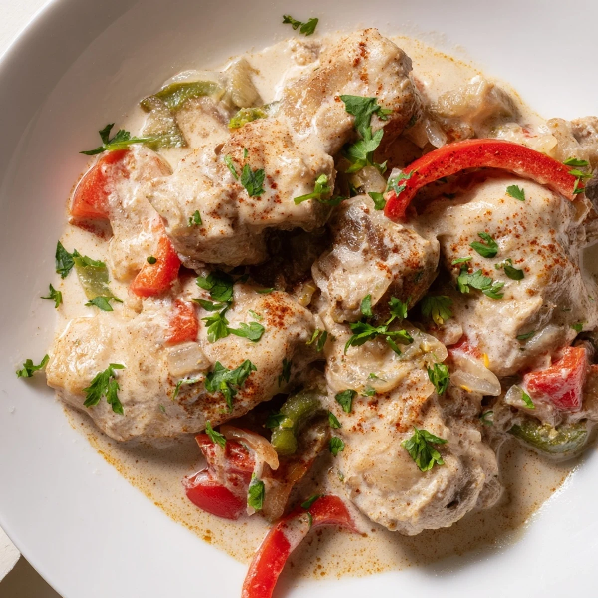 A steaming skillet of Brazilian Coconut Chicken reveals tender meat and rich coconut milk with aromatic spices.