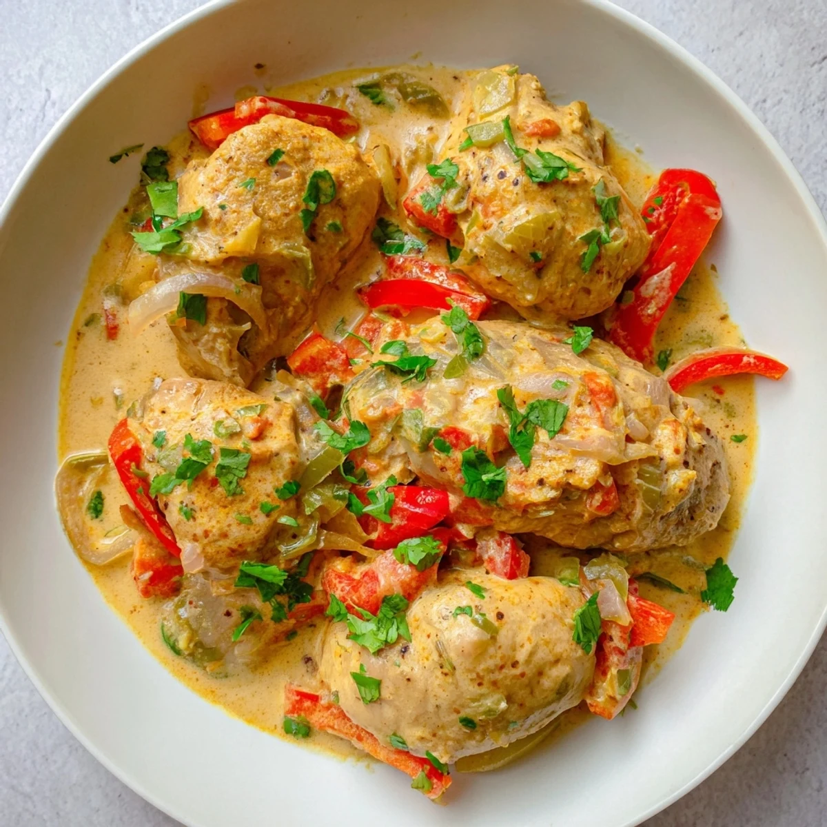 Golden pieces of chicken thigh simmered in creamy Brazilian Coconut Chicken sauce with bell peppers and cilantro garnish.