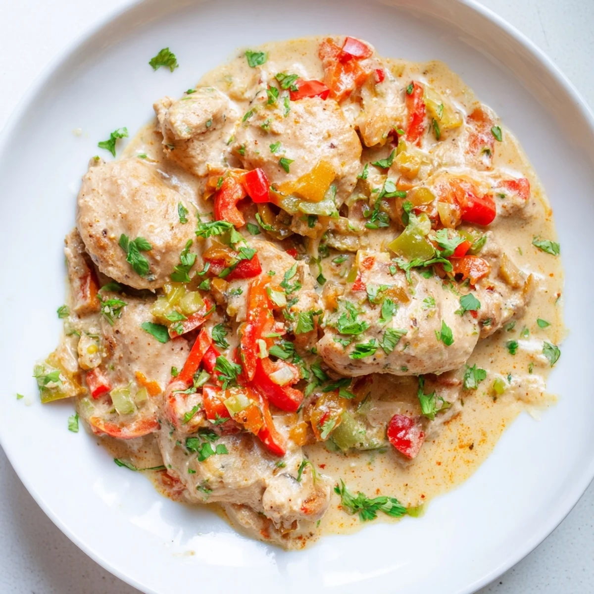 Serving suggestion for Brazilian Coconut Chicken: garnished with fresh cilantro alongside fluffy white rice and lime wedges.