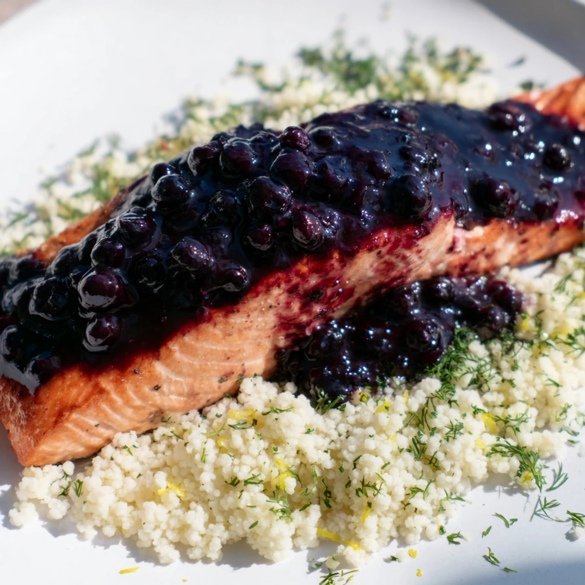 Four pan-seared salmon fillets glistening with a deep blueberry glaze rest beside fluffy couscous flecked with fresh lemon zest and herbs.