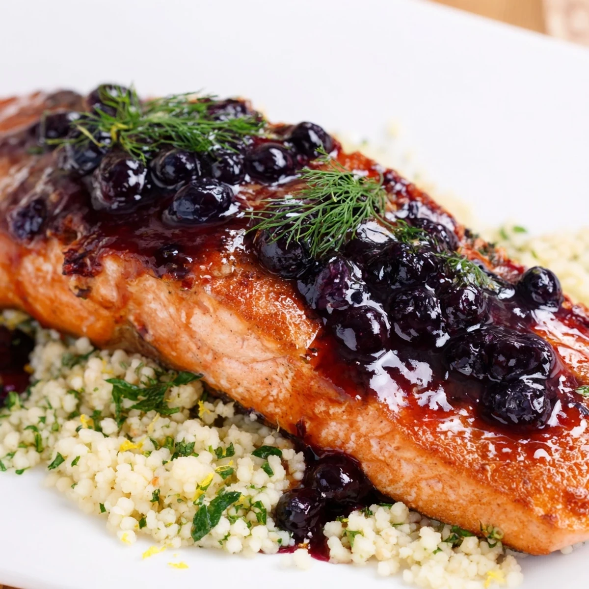 A beautiful serving of glazed salmon over lemon herb couscous, with extra sauce spooned on top and fresh lemon wedges nearby.