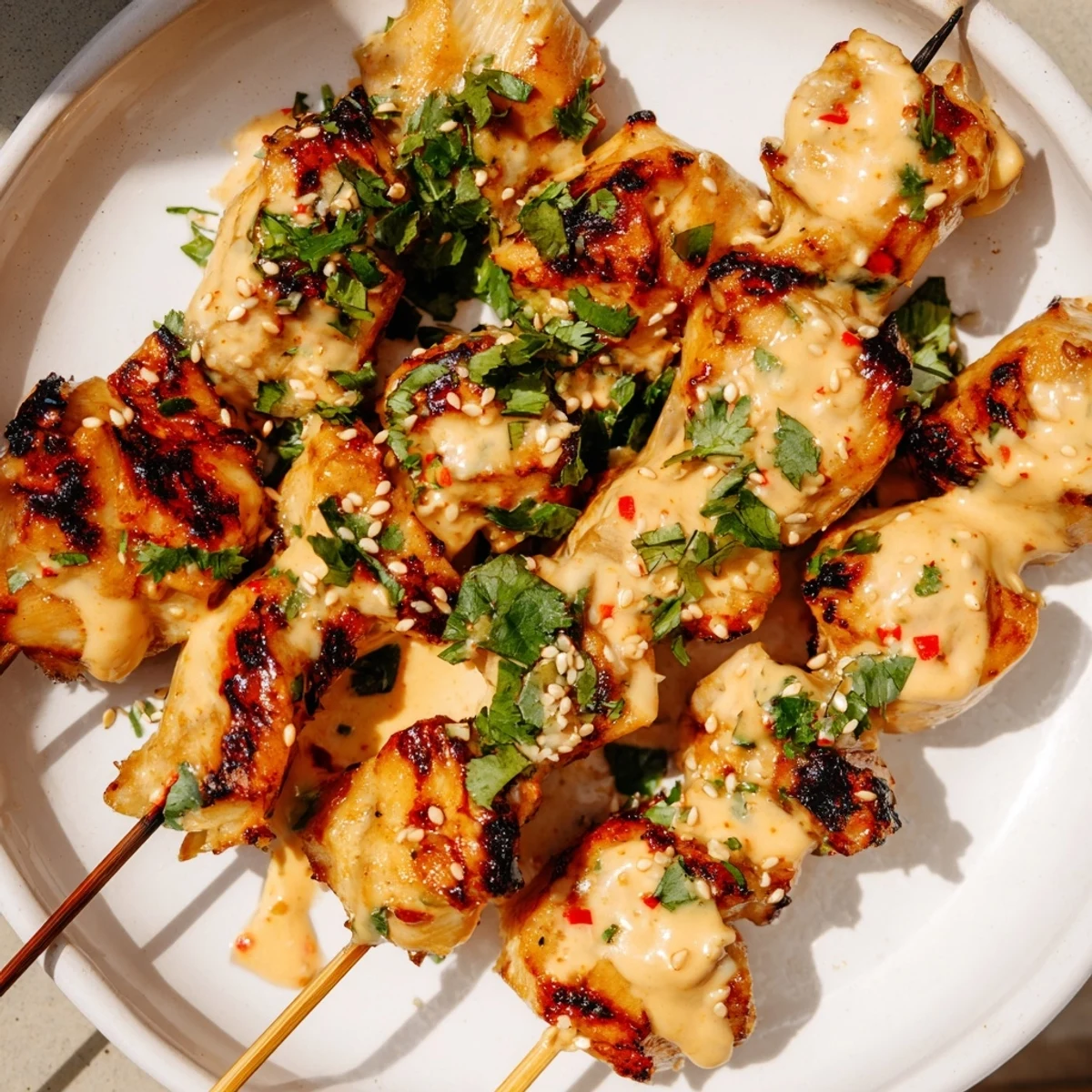 Juicy Bang Bang Chicken Skewers fresh off the grill, glistening with creamy spicy sauce and topped with cilantro.