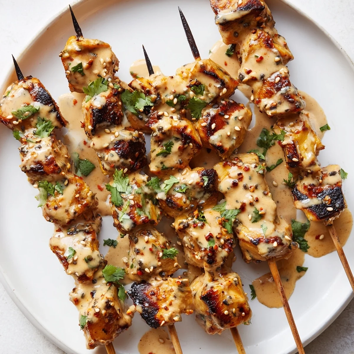 A close up of Bang Bang Chicken Skewers showing char marks and a drizzle of sweet chili glaze.