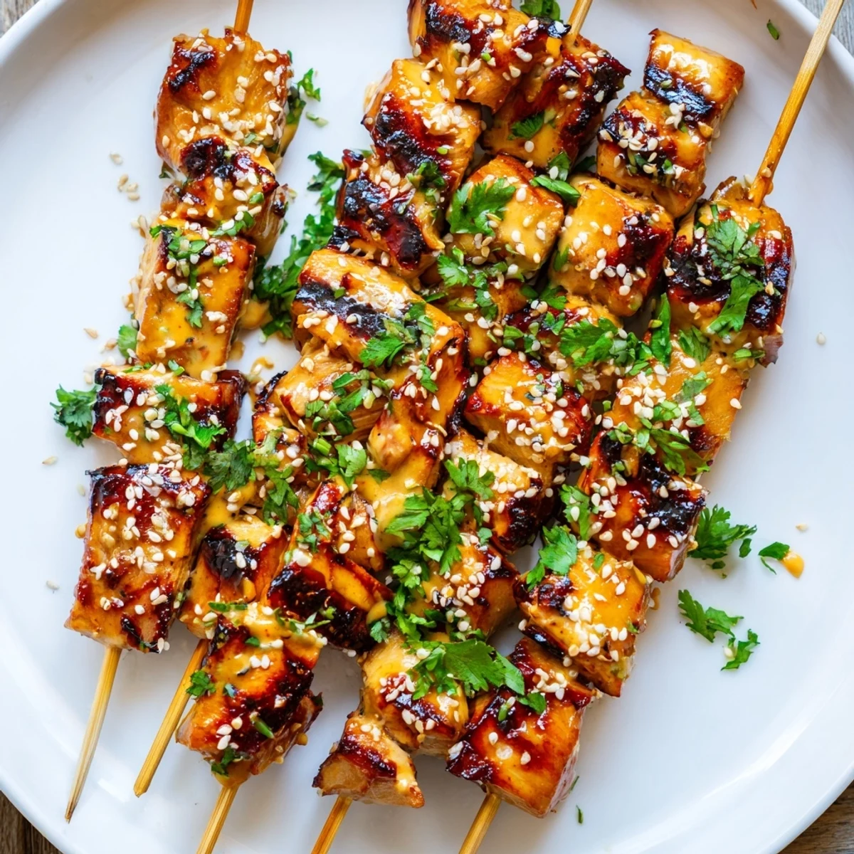 Four skewers of Bang Bang Chicken Skewers arranged neatly on a serving platter with lime wedges.