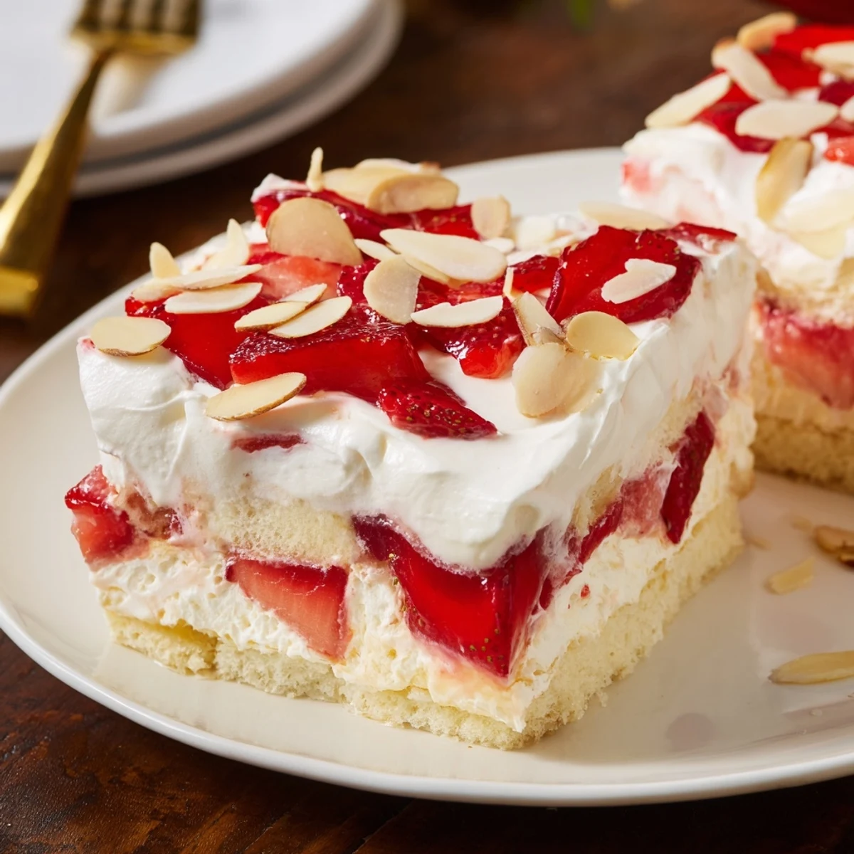 Sliced fresh strawberries and almonds top this no-bake Heaven on Earth Cake, served chilled with a sparkle of summer sweetness.