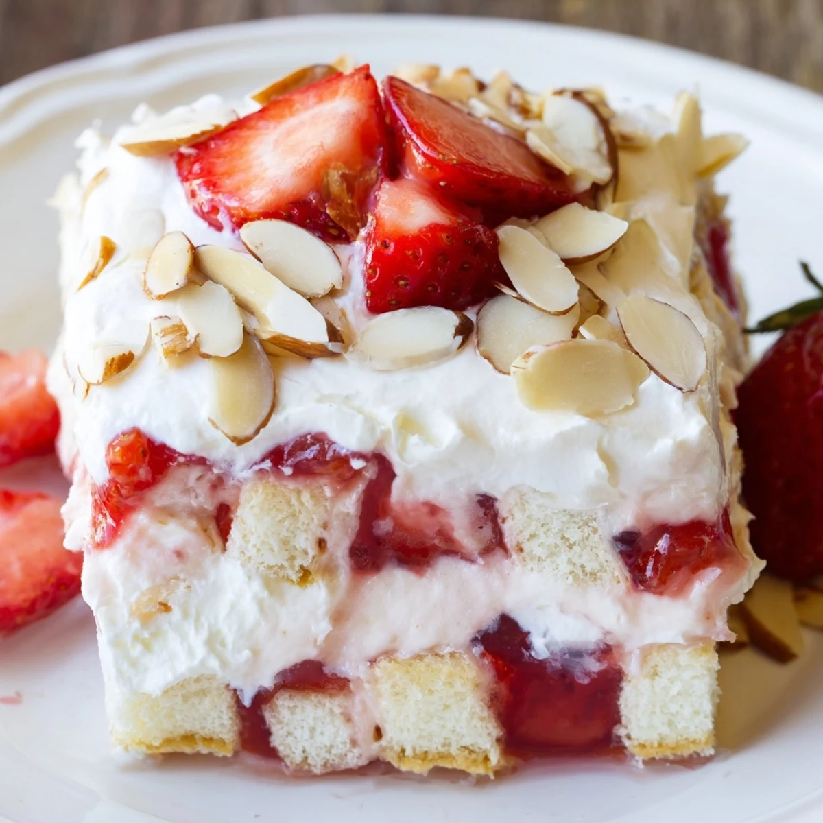 Heaven on Earth Cake layers angel food cake cubes, vanilla pudding cream, and strawberry filling in a chilled trifle dish.