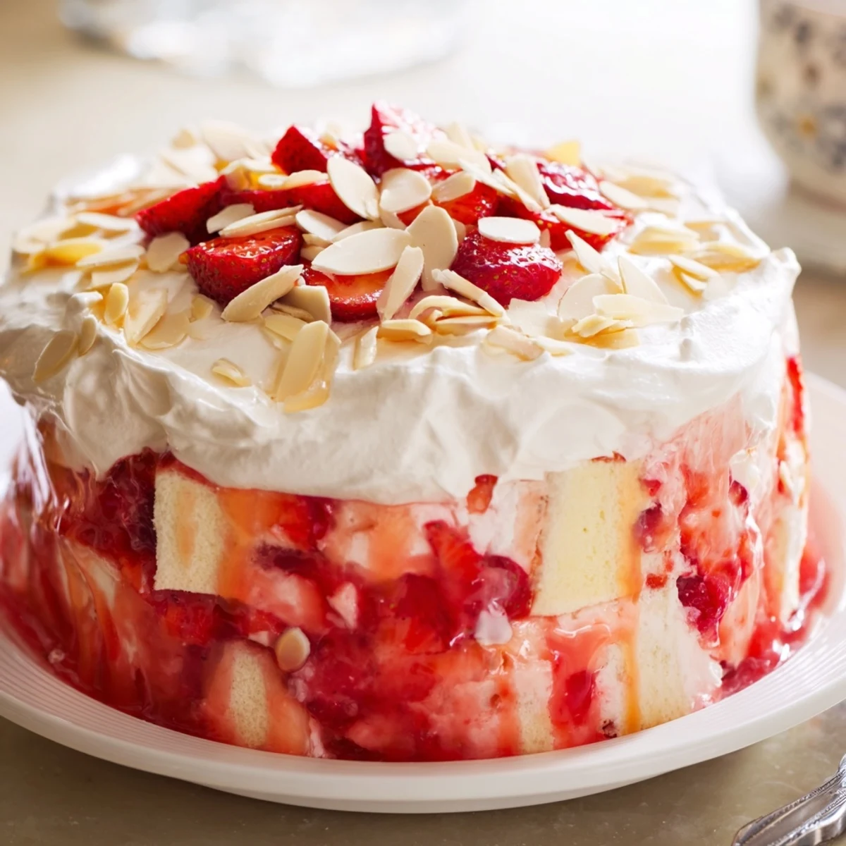 A glass trifle dish shows the fluffy Heaven on Earth Cake with creamy vanilla layers and vibrant strawberry filling.