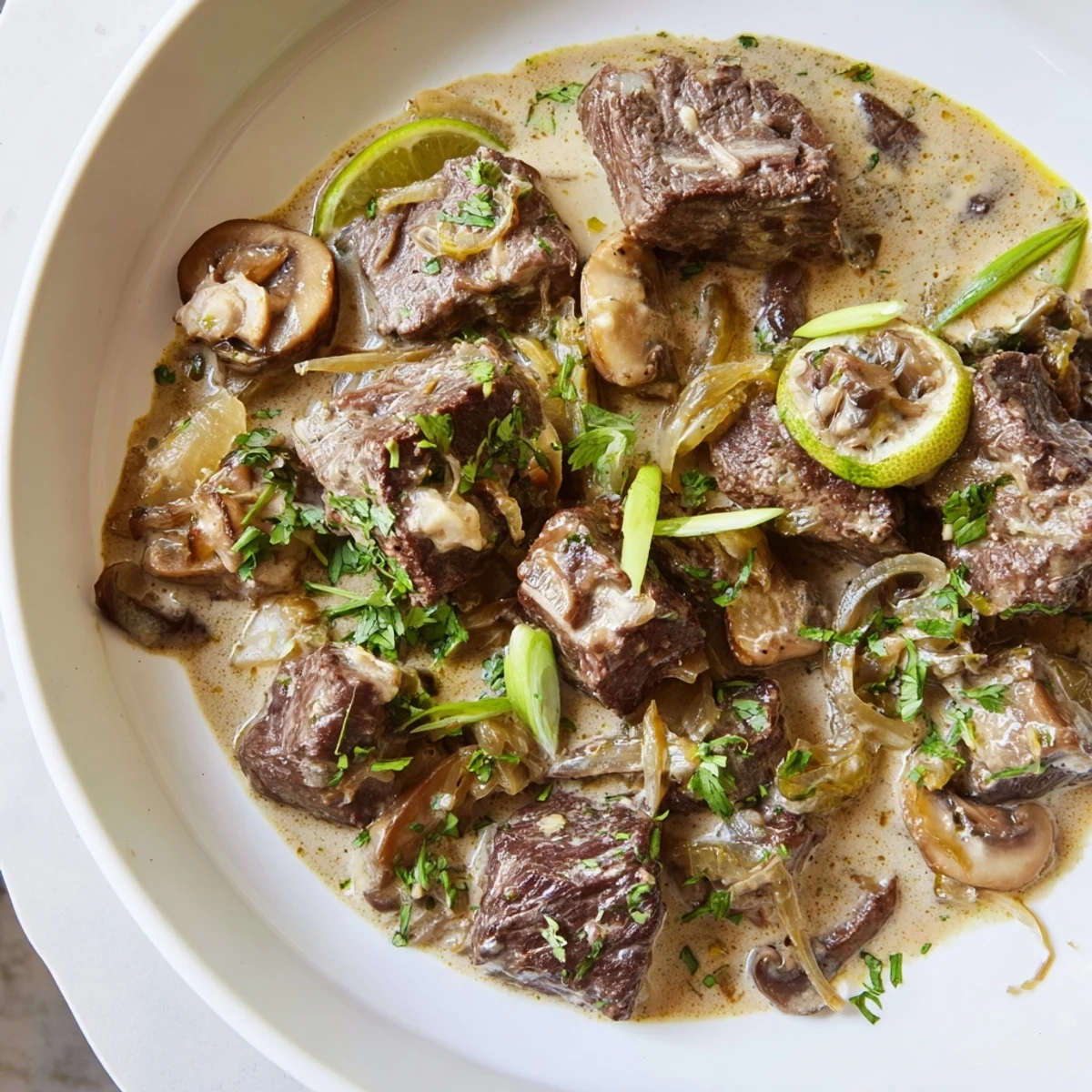 Hearty Lemongrass Coconut Braised Beef with Mushrooms beside fluffy white jasmine rice.