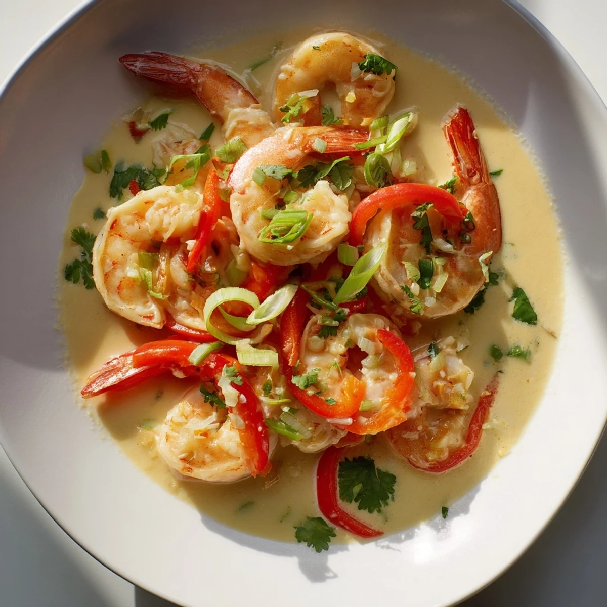 A close-up of Garlic Shrimp in Coconut Milk glistening in a skillet, topped with fresh cilantro and green onions. The creamy white sauce clings to plump pink shrimp.