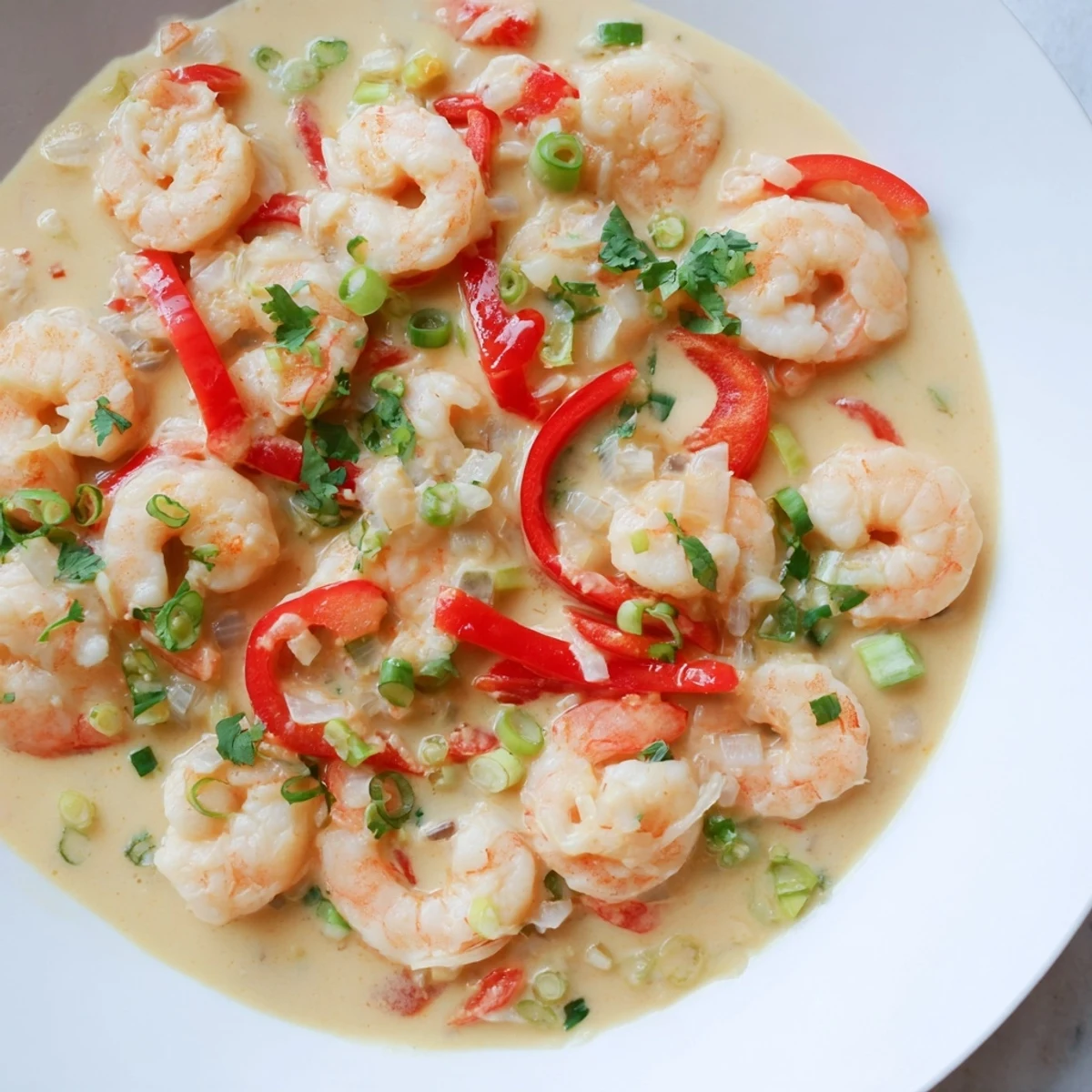 Garlic Shrimp in Coconut Milk served in a white bowl beside fluffy jasmine rice and a lime wedge, with vibrant red bell pepper pieces visible. Steam rises gently.