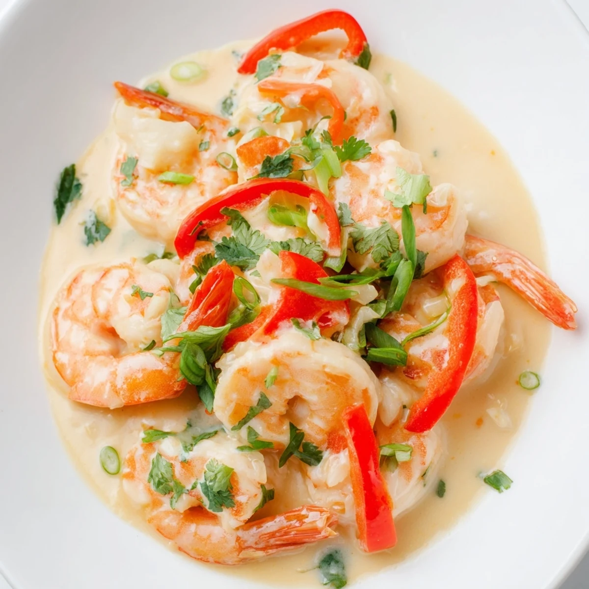 Overhead view of Garlic Shrimp in Coconut Milk in a rustic pan, garnished with green onions and cilantro. The rich coconut sauce pools around the succulent shrimp.