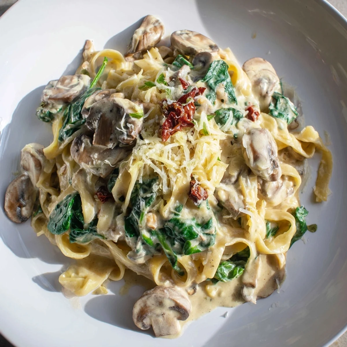 Creamy Tuscan Mushroom Pasta Skillet in a rustic pan with fresh basil garnish