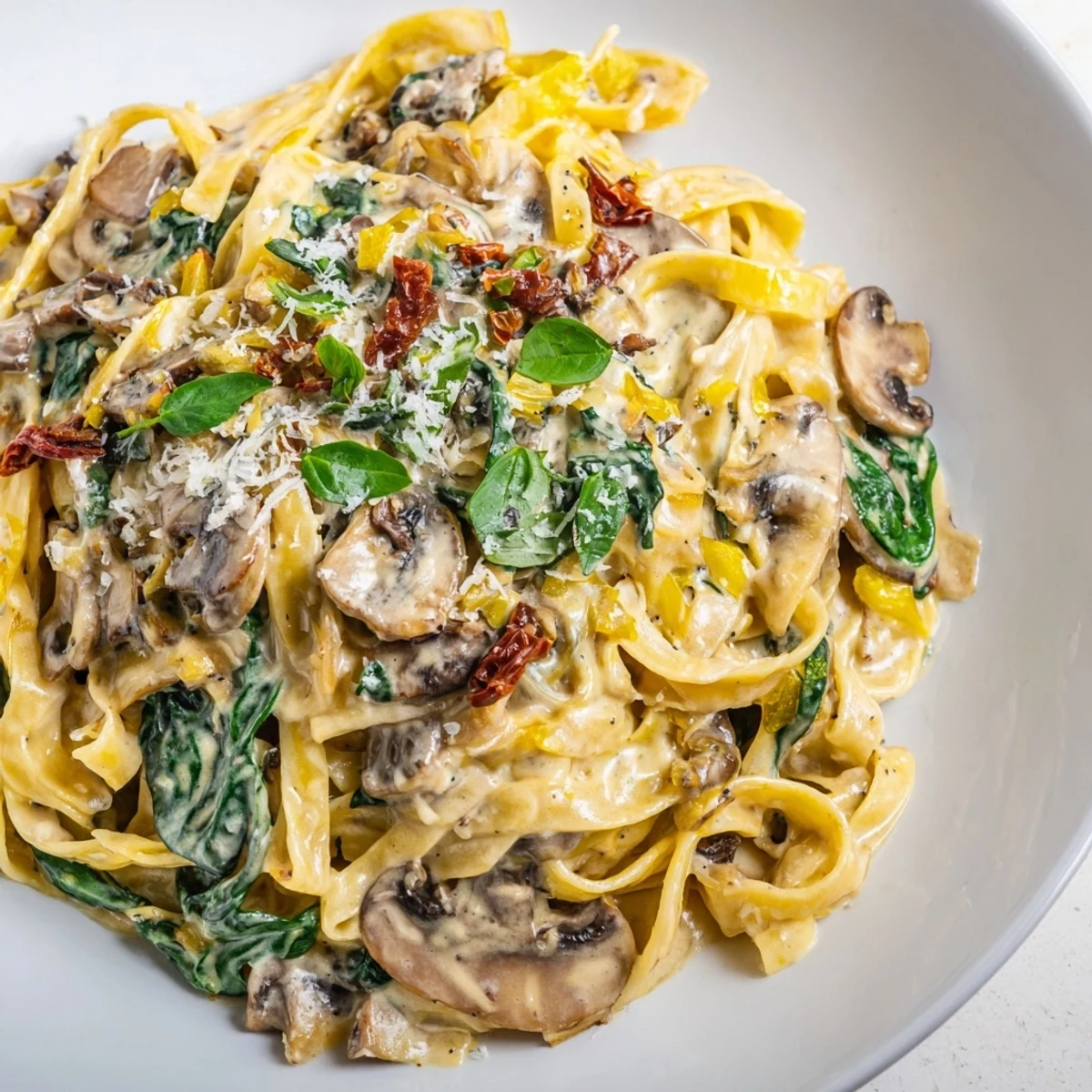 Creamy Tuscan Mushroom Pasta Skillet served with crusty bread and wine pairing suggestion