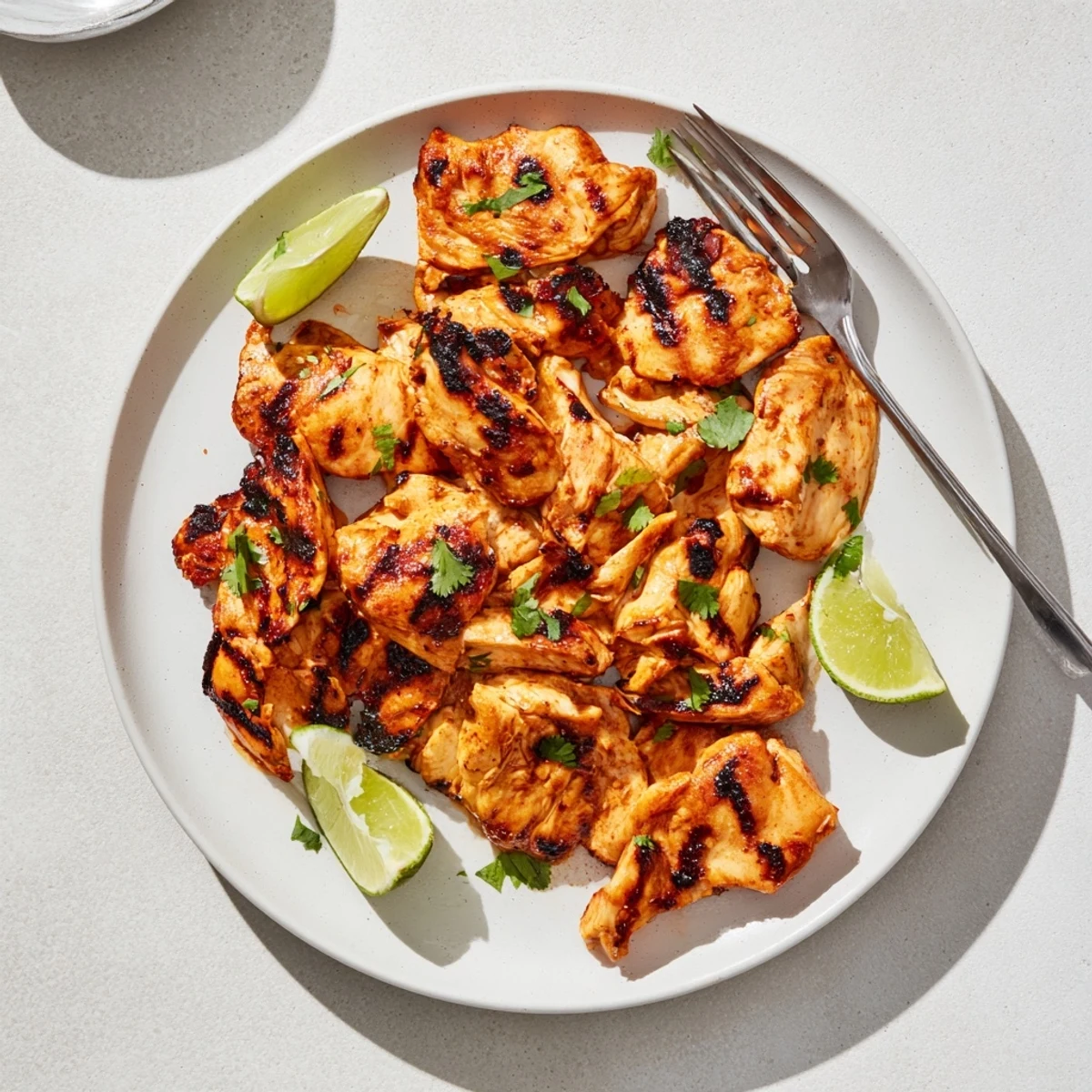 Golden-brown grilled chicken breasts glistening with spicy honey lime glaze, garnished with fresh cilantro and lime wedges on a rustic plate.