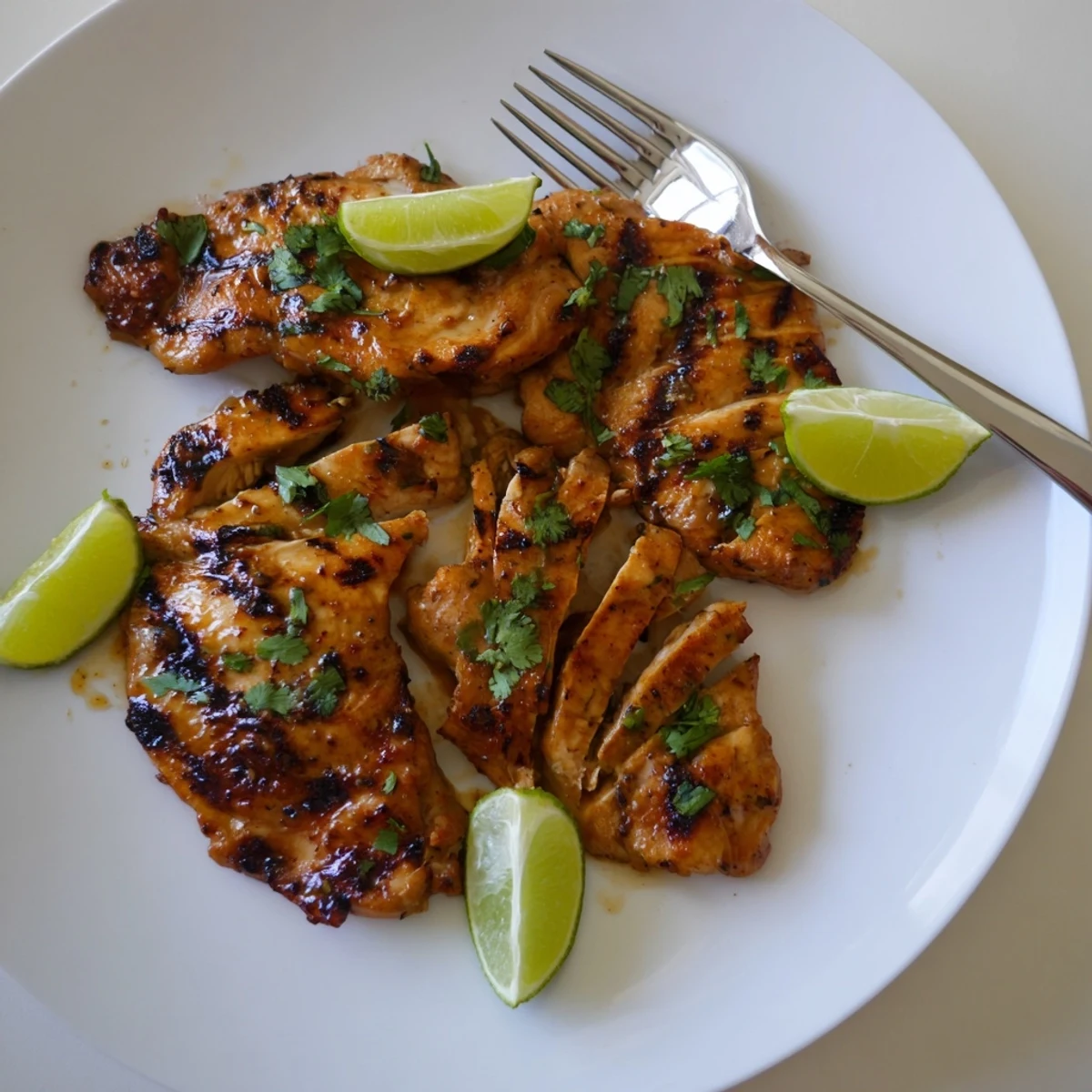 Spicy Honey Lime Chicken is served sliced over fluffy white rice, highlighting juicy tender meat and vibrant green herbs.