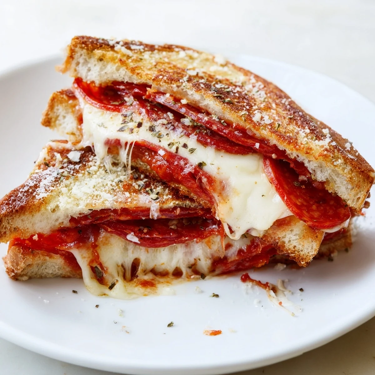 Close-up of golden-brown Pizza Grilled Cheese sandwich cut diagonally, showcasing melted mozzarella and pepperoni slices on a rustic wooden table.  