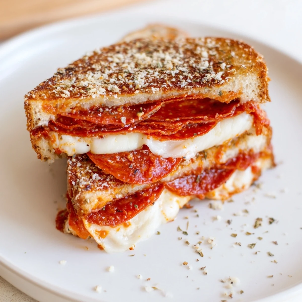 Stovetop skillet showing a sizzling Pizza Grilled Cheese sandwich cooking, with bubbly mozzarella melting and crispy crust forming.