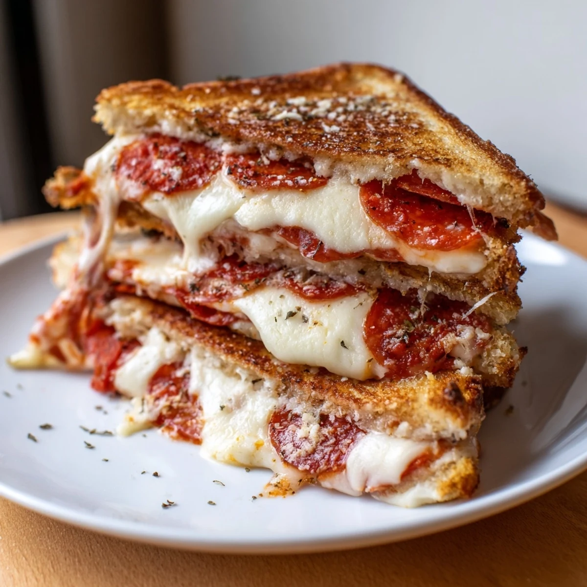 Two Pizza Grilled Cheese halves stacked with oozing cheese, marinara dipping sauce, and fresh basil leaves on a white ceramic plate.  