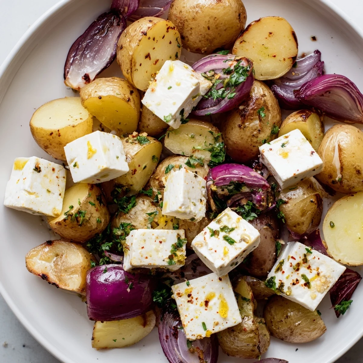 Serving suggestion of Baked Feta Potatoes with Lemon beside grilled chicken for an easy Mediterranean side.
