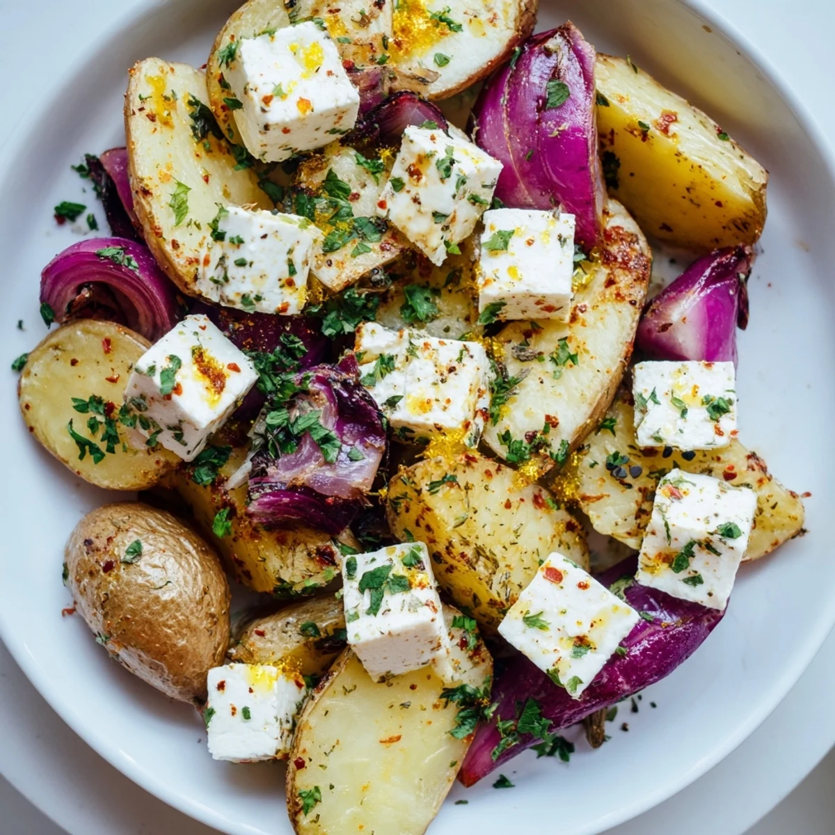 Close-up of tender potatoes with melted feta and oregano, finished with zesty lemon juice garnish.
