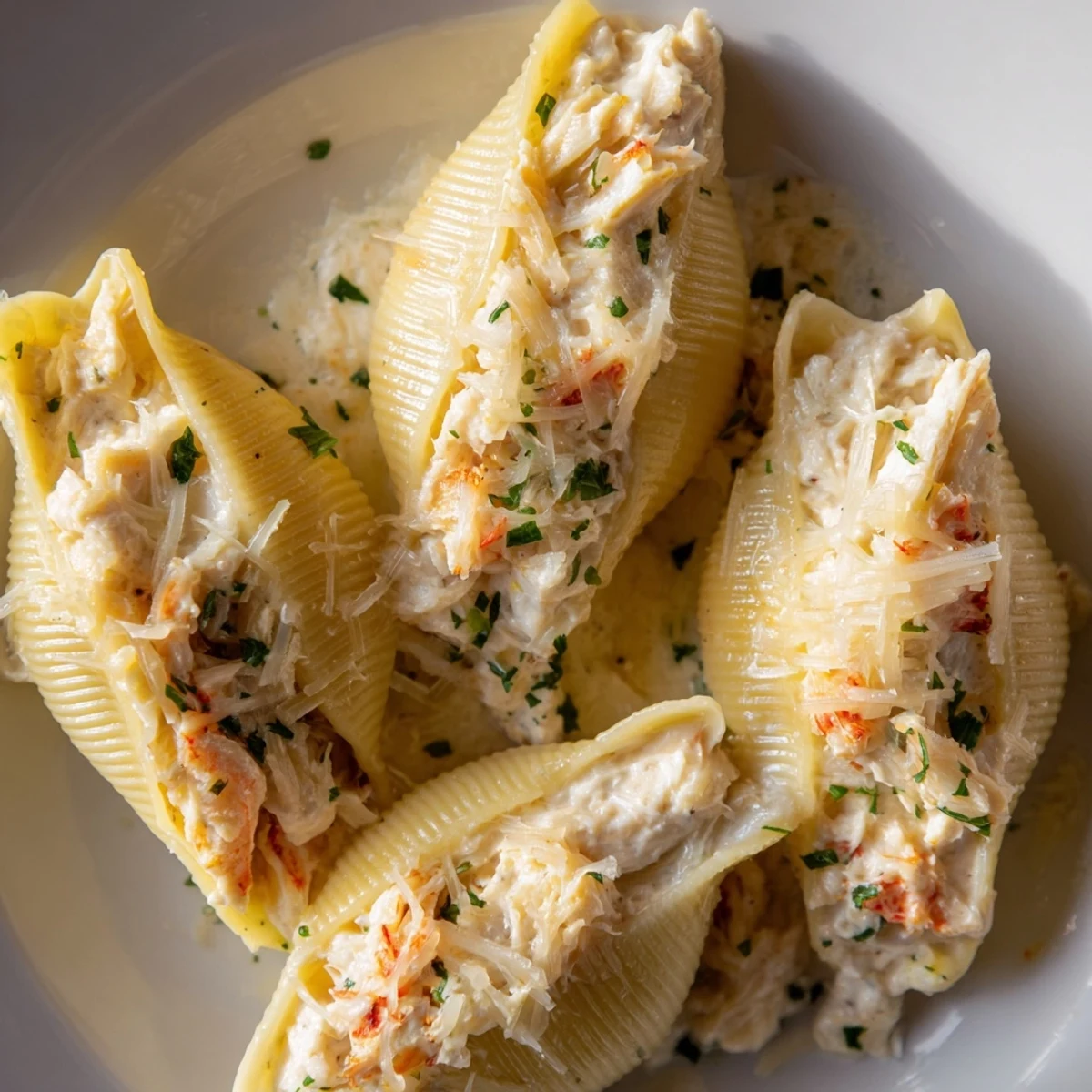 Creamy Seafood Stuffed Shells arranged in a baking dish with golden melted cheese and fresh parsley garnish.