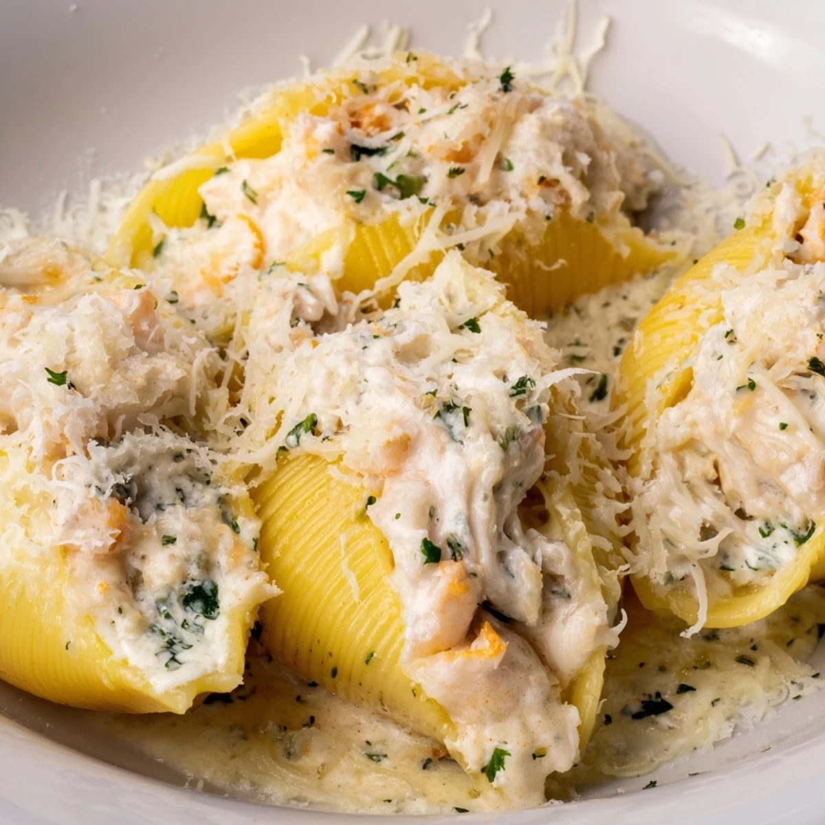 Serve these Creamy Seafood Stuffed Shells on a plate with a side salad and lemon wedge garnish.