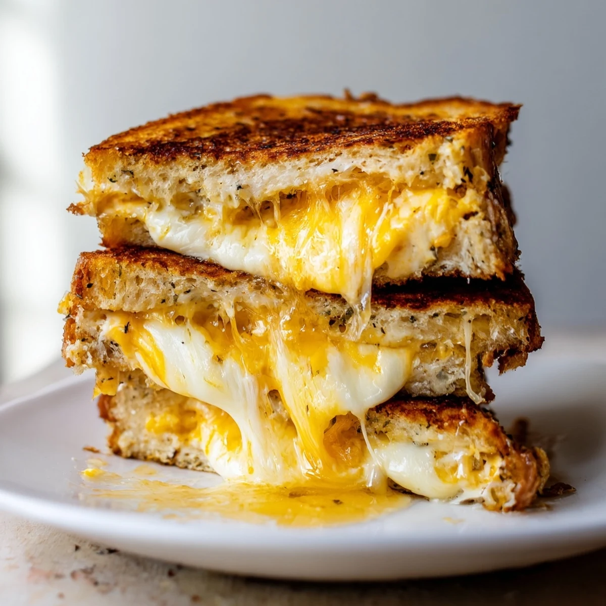 Golden melted cheddar, mozzarella, and Gruyère ooze from buttery sourdough in this Cheese Grilled Cheese with Honey Bliss, served warm.