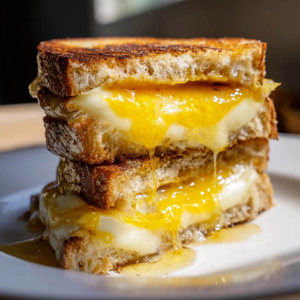 Buttery sourdough holds layers of gooey cheddar, mozzarella, and Gruyère, drizzled with honey for this Cheese Grilled Cheese with Honey Bliss.