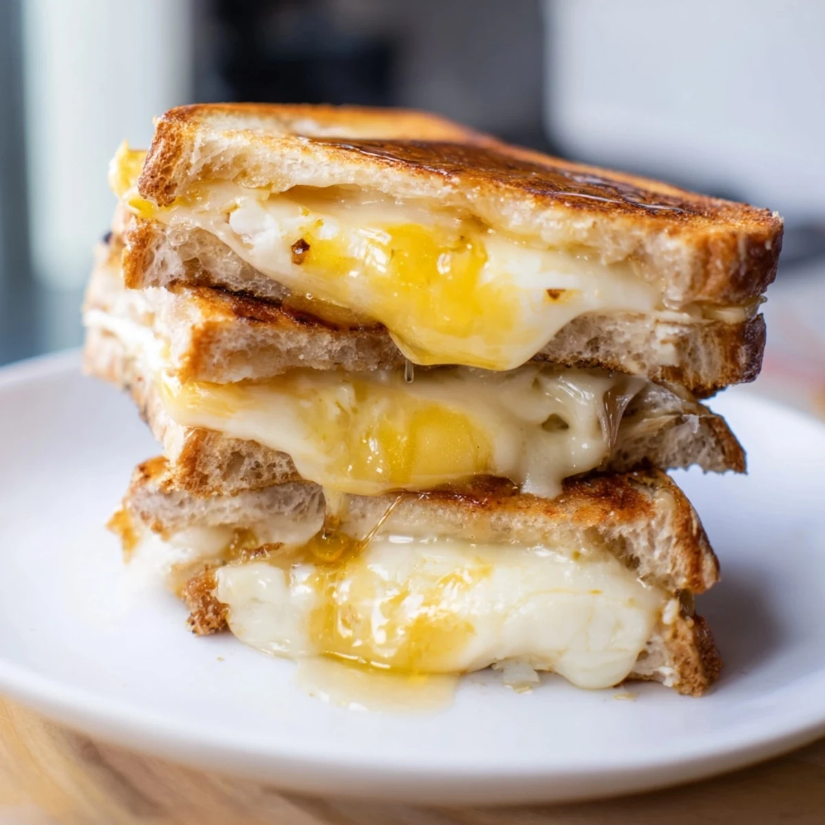 Crisp golden bread encasing melted cheddar, mozzarella, and Gruyère, finished with honey drizzle, the Cheese Grilled Cheese with Honey Bliss on plate.