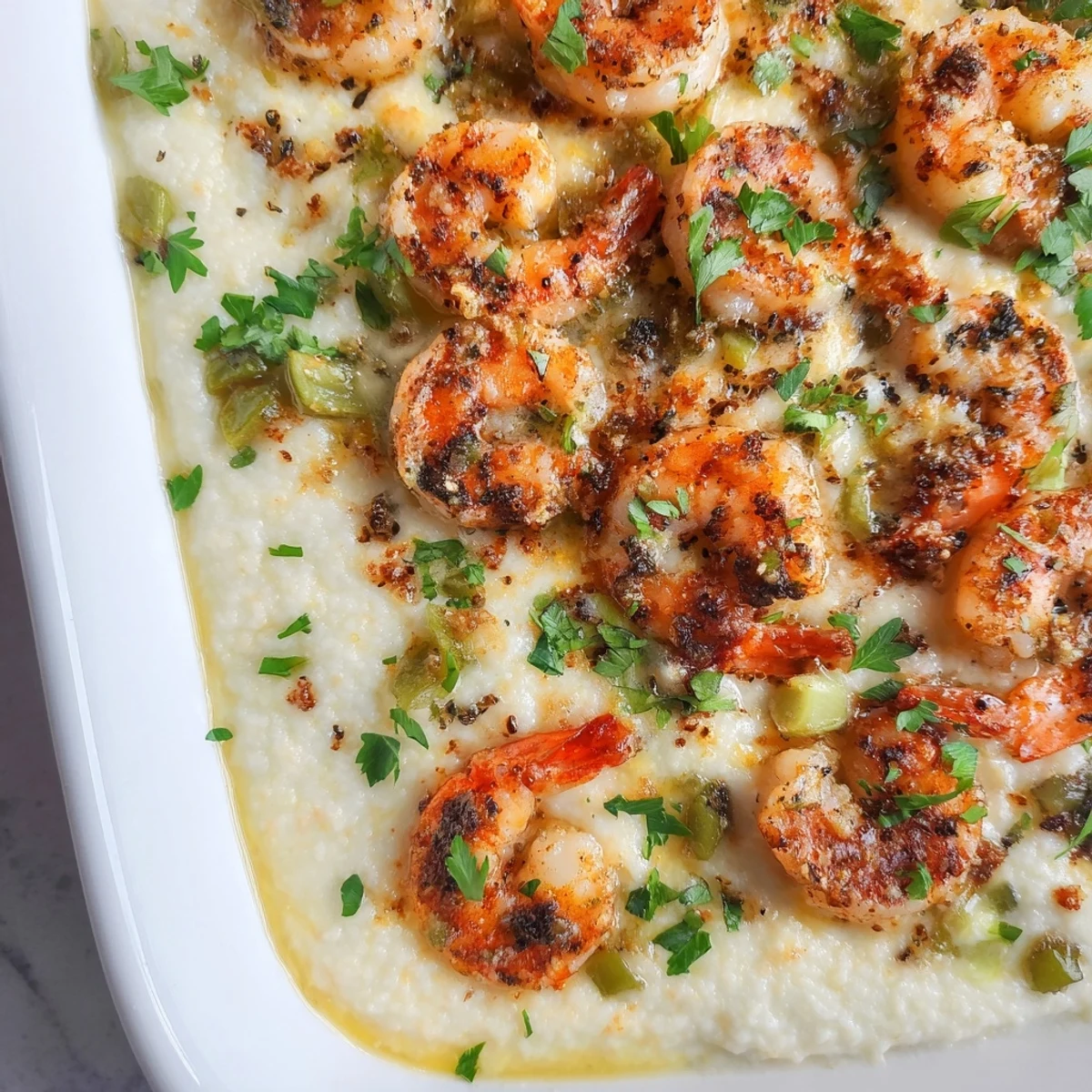 Golden-brown Easy Shrimp & Grits Casserole bubbling in a dish, topped with melted Monterey Jack and fresh parsley.