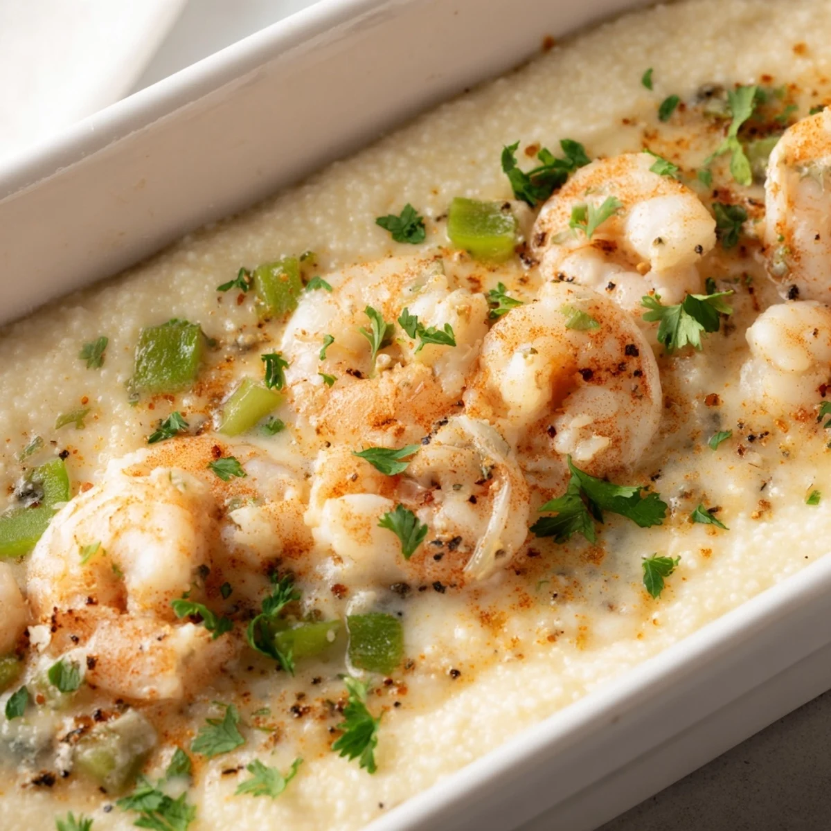 Spoon serving of creamy Easy Shrimp & Grits Casserole with sautéed shrimp and peppers on a rustic table.