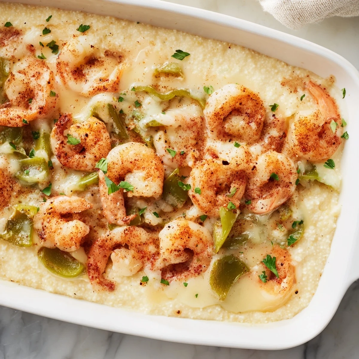 Baked Easy Shrimp & Grits Casserole with sharp cheddar grits base and succulent shrimp, ready for a Southern dinner.
