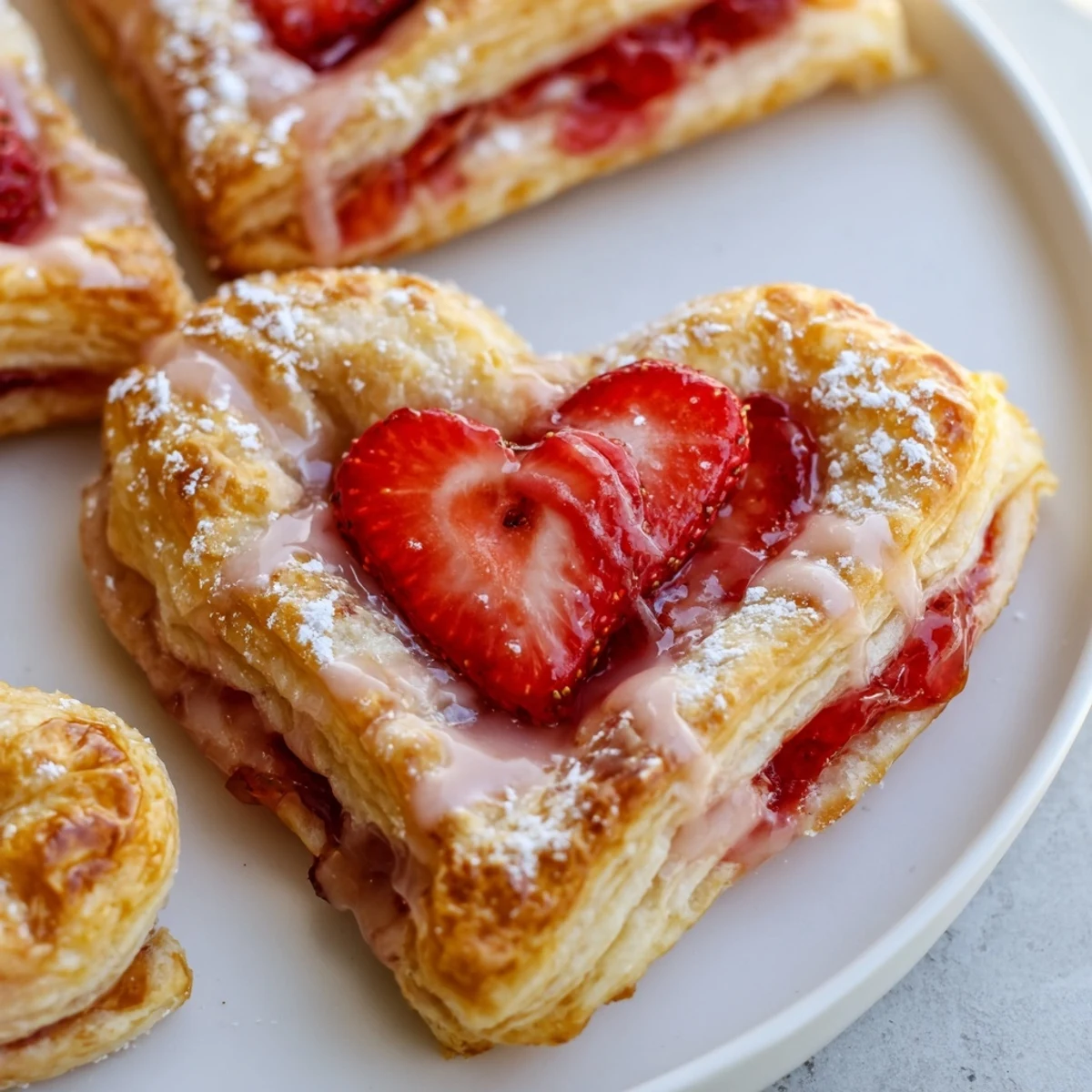 Golden, flaky Strawberry Cream Cheese Heart Danishes show a sweet cream cheese and fresh strawberry filling.