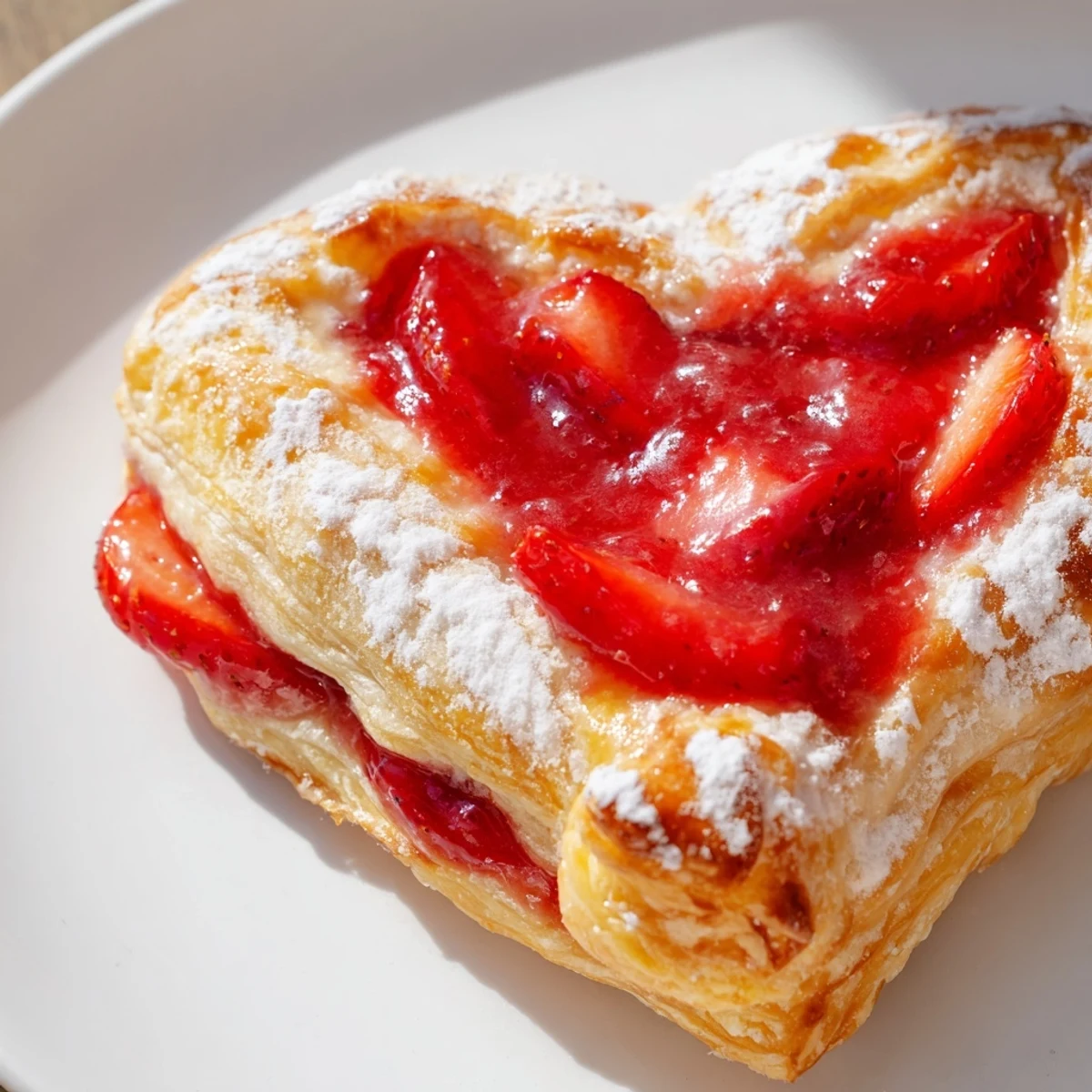 Freshly baked Strawberry Cream Cheese Heart Danishes are glazed and served warm on a white plate.